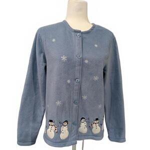 Croft & Barrow Women's Size M Blue Fleece Button-Up Snowman Christmas Sweater